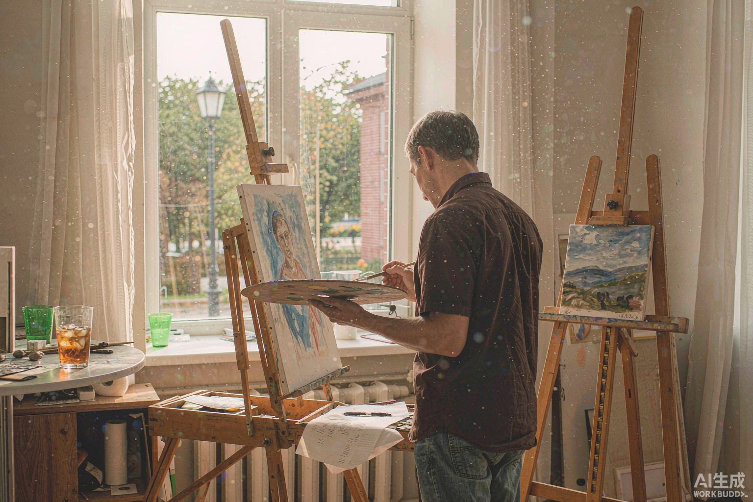 The artist at an easel in the studio
