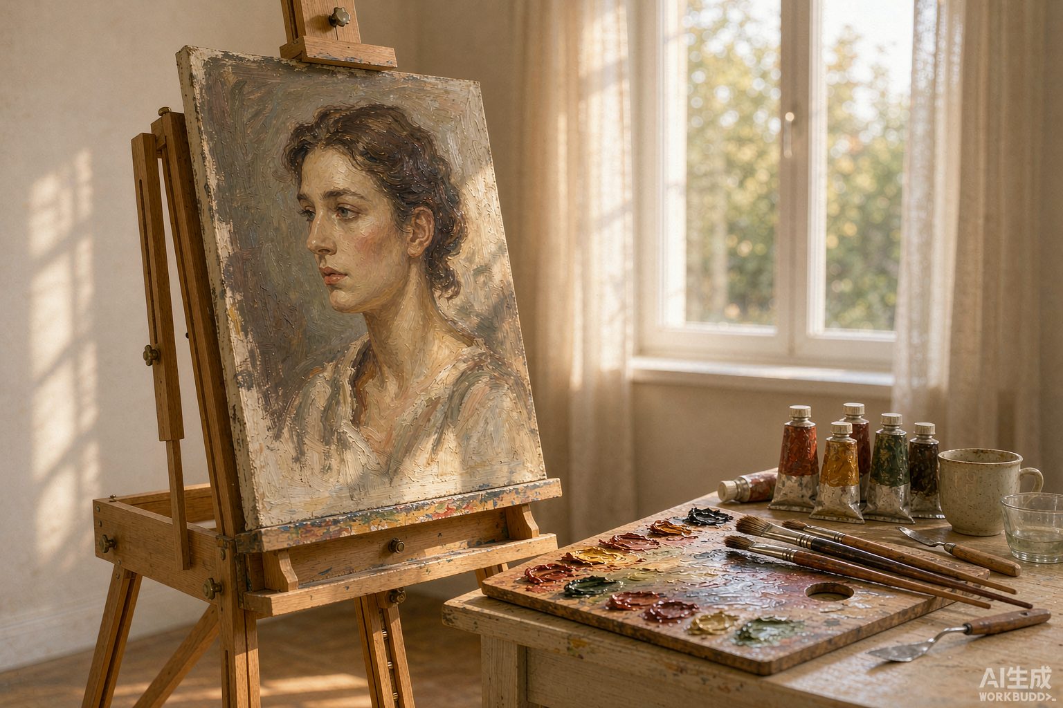 An oil portrait on an easel in a sunlit studio