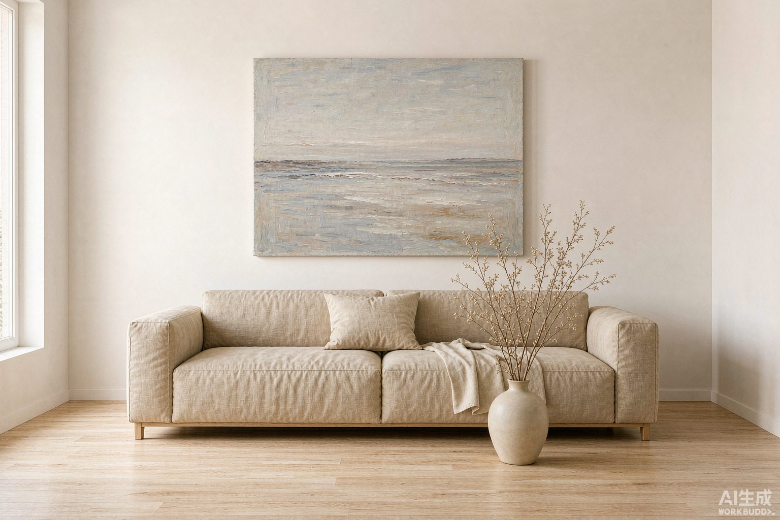 A large oil painting hanging above a linen sofa in a bright living room