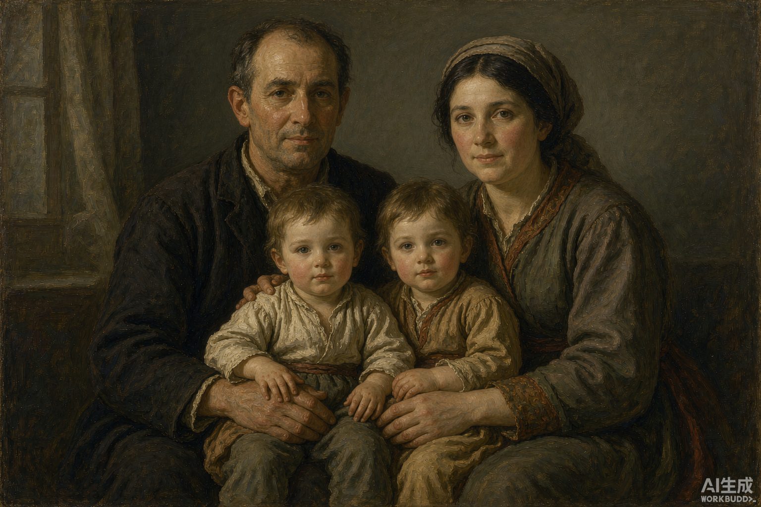 Oil portrait of a family of four