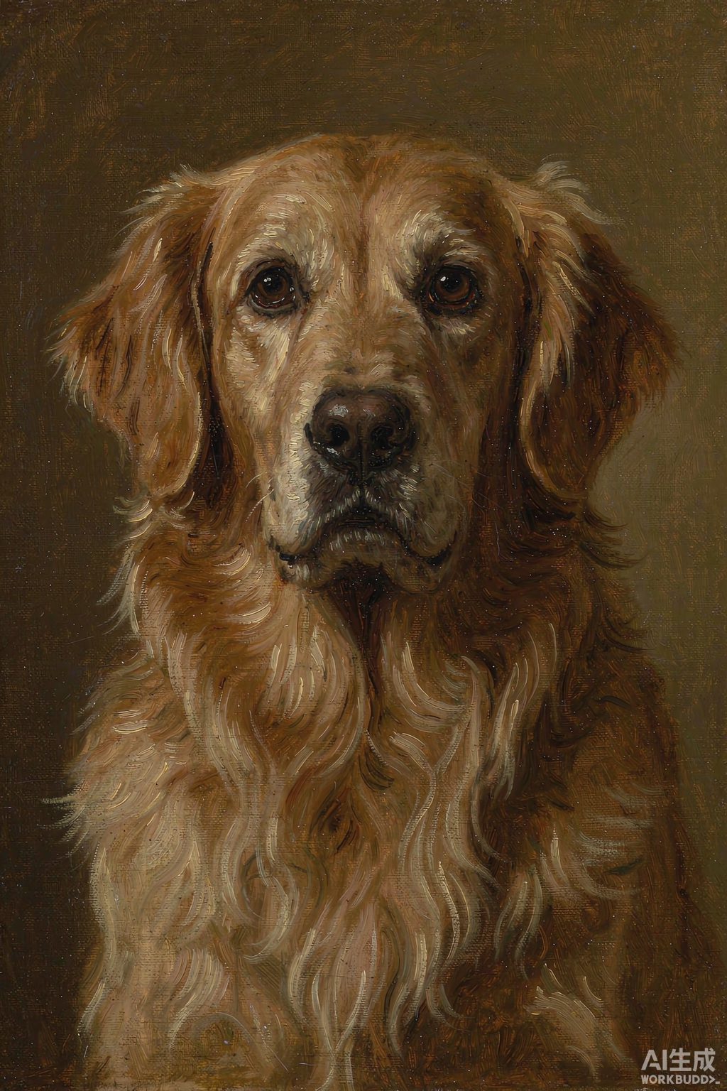 Classical oil portrait of a golden retriever