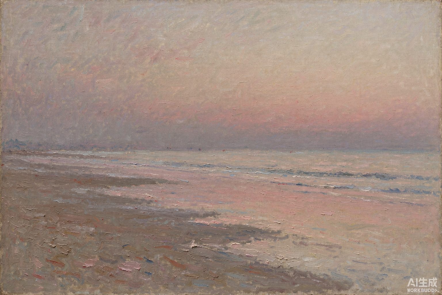 Original impressionist oil painting of a calm sea at dusk