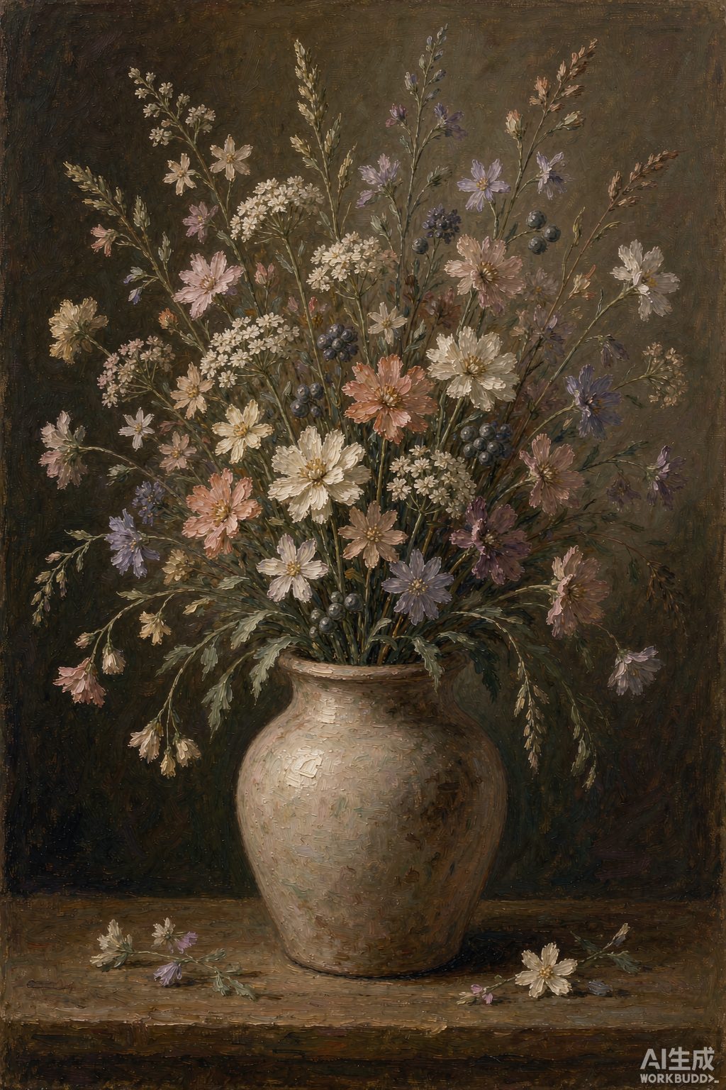 Original oil still life of wildflowers in a ceramic jug